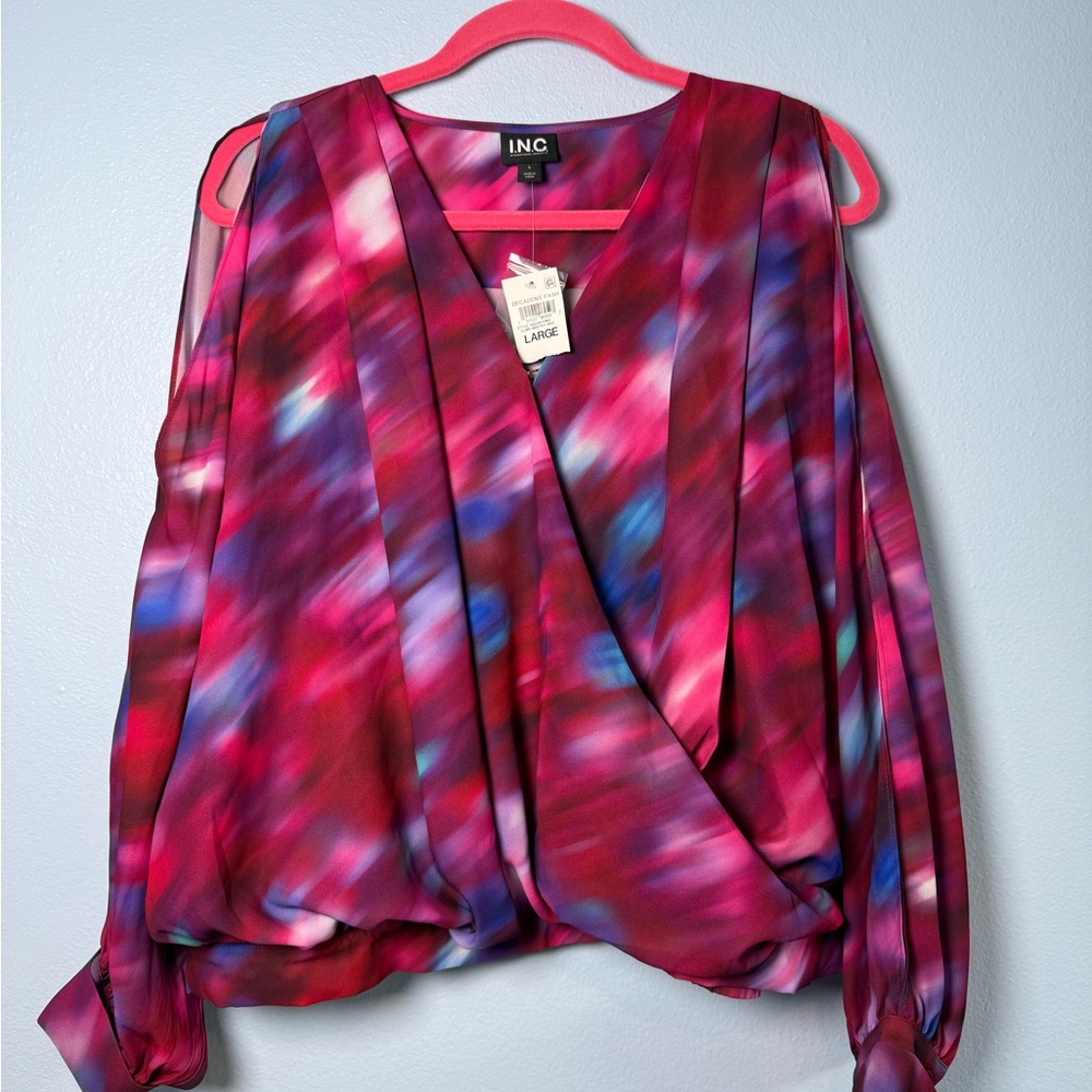 INC International Concepts Pink Multi-Color Wrap shoulder slit Blouse